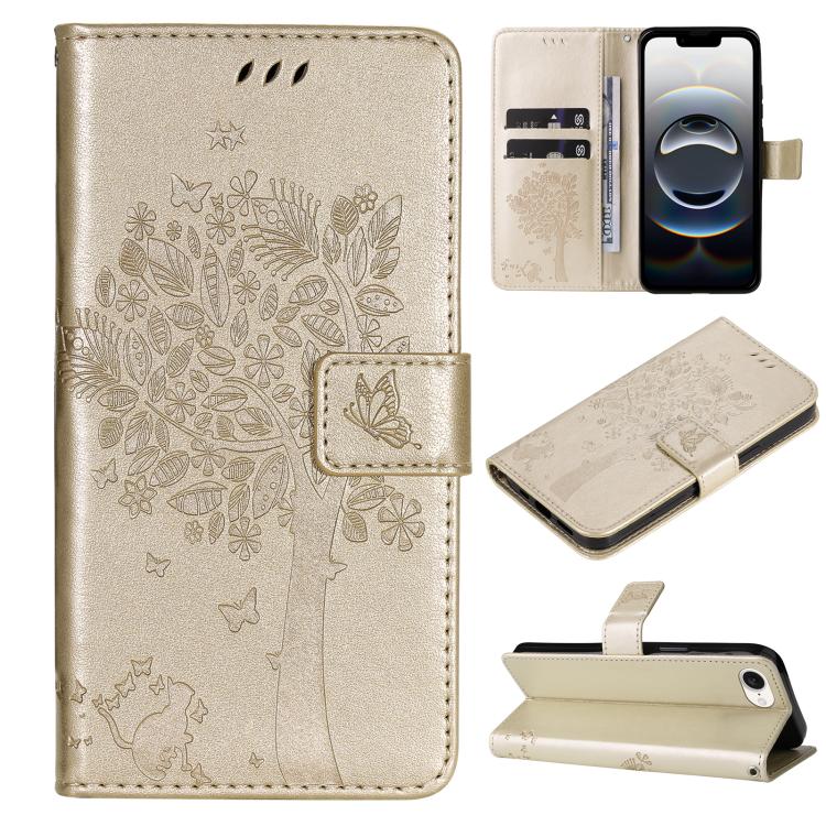 For iPhone 16e Tree & Cat Embossed Pattern Flip Leather Phone Case(Gold) by bashfashion