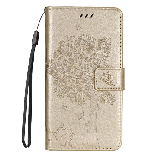 For iPhone 16e Tree & Cat Embossed Pattern Flip Leather Phone Case(Gold) by bashfashion
