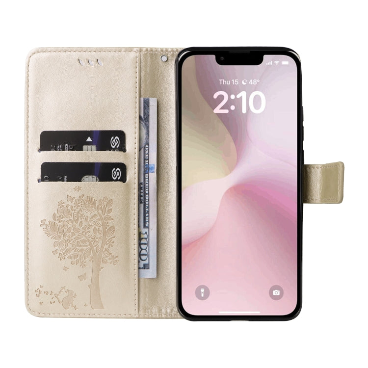 For iPhone 16e Tree & Cat Embossed Pattern Flip Leather Phone Case(Gold) by bashfashion
