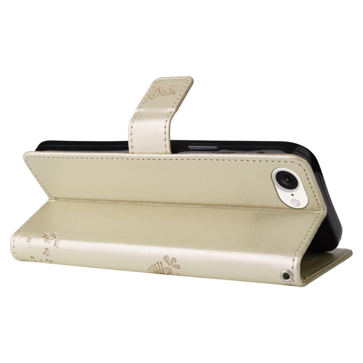 For iPhone 16e Tree & Cat Embossed Pattern Flip Leather Phone Case(Gold) by bashfashion