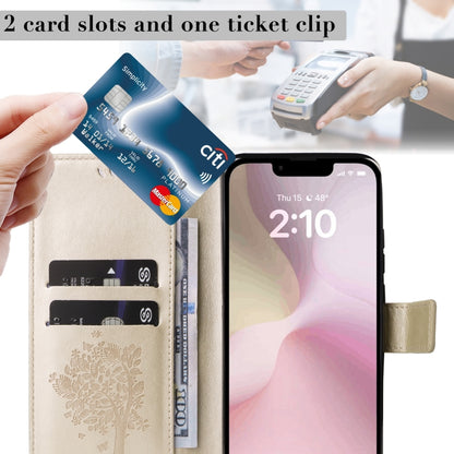 For iPhone 16e Tree & Cat Embossed Pattern Flip Leather Phone Case(Gold) by bashfashion