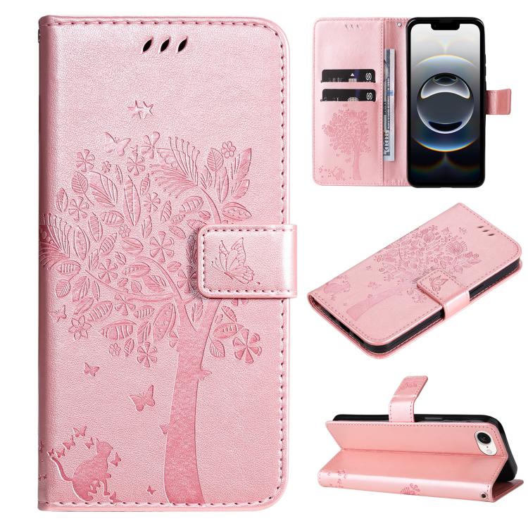 For iPhone 16e Tree & Cat Embossed Pattern Flip Leather Phone Case(Rose Gold) by bashfashion