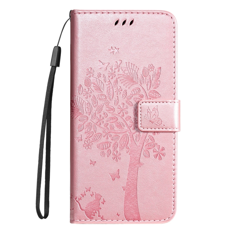 For iPhone 16e Tree & Cat Embossed Pattern Flip Leather Phone Case(Rose Gold) by bashfashion