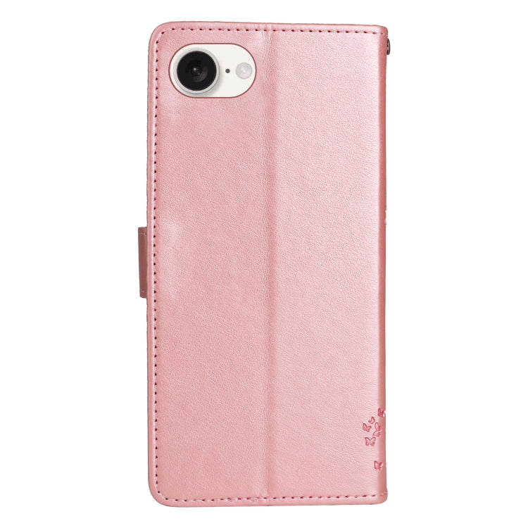 For iPhone 16e Tree & Cat Embossed Pattern Flip Leather Phone Case(Rose Gold) by bashfashion