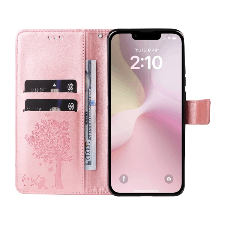 For iPhone 16e Tree & Cat Embossed Pattern Flip Leather Phone Case(Rose Gold) by bashfashion