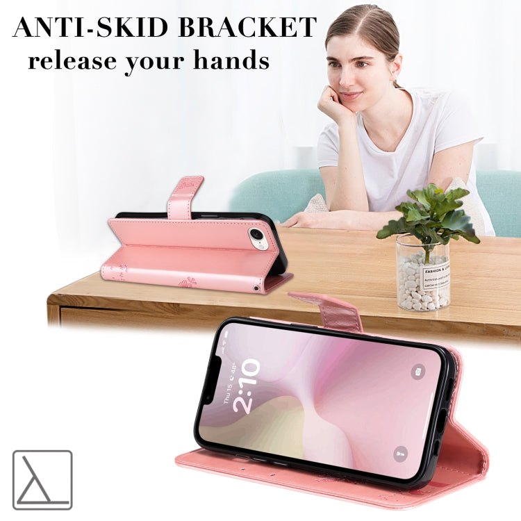 For iPhone 16e Tree & Cat Embossed Pattern Flip Leather Phone Case(Rose Gold) by bashfashion