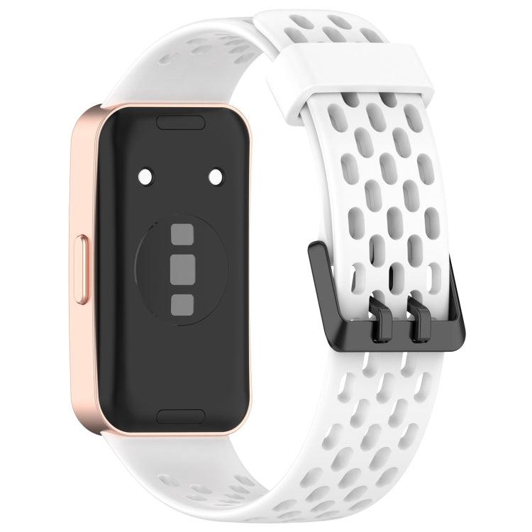 For Huawei Band 9 / 9 NFC / 8 / 8 NFC Hole Style Dual Black Buckle Silicone Watch Band(White) by bashfashion