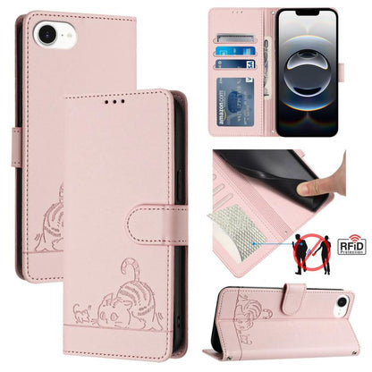 For iPhone SE 2024 Cat Rat Embossed Pattern RFID Leather Phone Case with Lanyard(Pink) by bashfashion