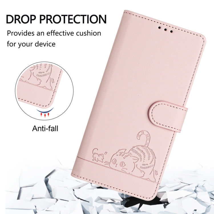 For iPhone SE 2024 Cat Rat Embossed Pattern RFID Leather Phone Case with Lanyard(Pink) by bashfashion