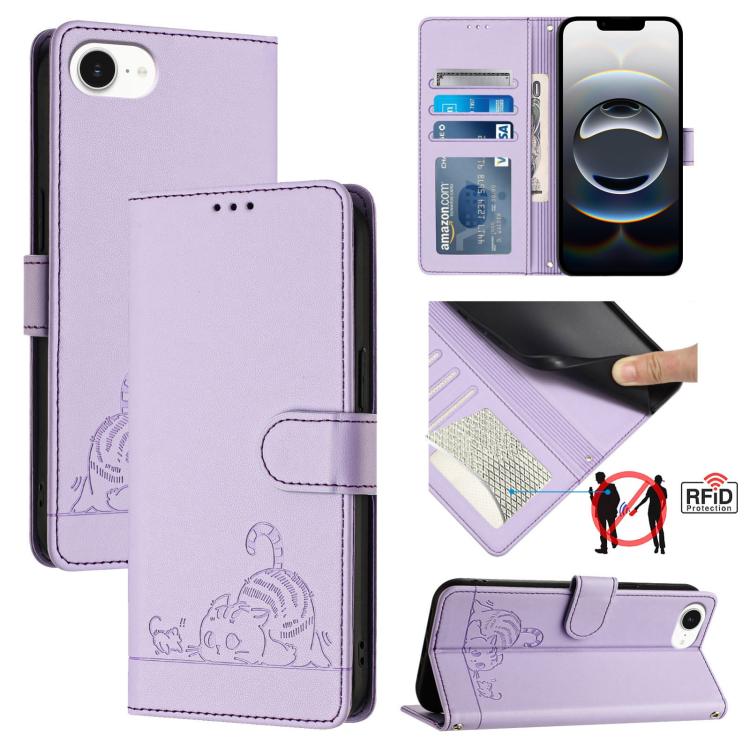 For iPhone SE 2024 Cat Rat Embossed Pattern RFID Leather Phone Case with Lanyard(Purple) by bashfashion
