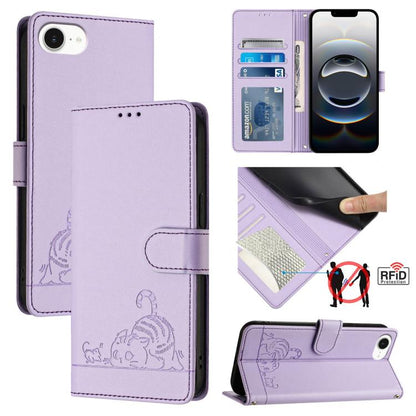 For iPhone SE 2024 Cat Rat Embossed Pattern RFID Leather Phone Case with Lanyard(Purple) by bashfashion