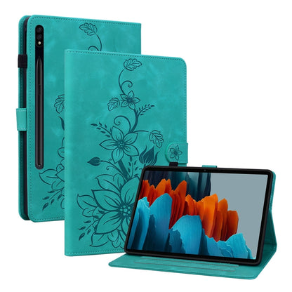 For Samsung Galaxy Tab S7 FE/S8+/S7+ Lily Embossed Leather Tablet Case(Green) by bashfashion