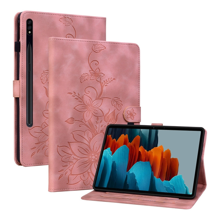For Samsung Galaxy Tab S7 FE/S8+/S7+ Lily Embossed Leather Tablet Case(Pink) by bashfashion