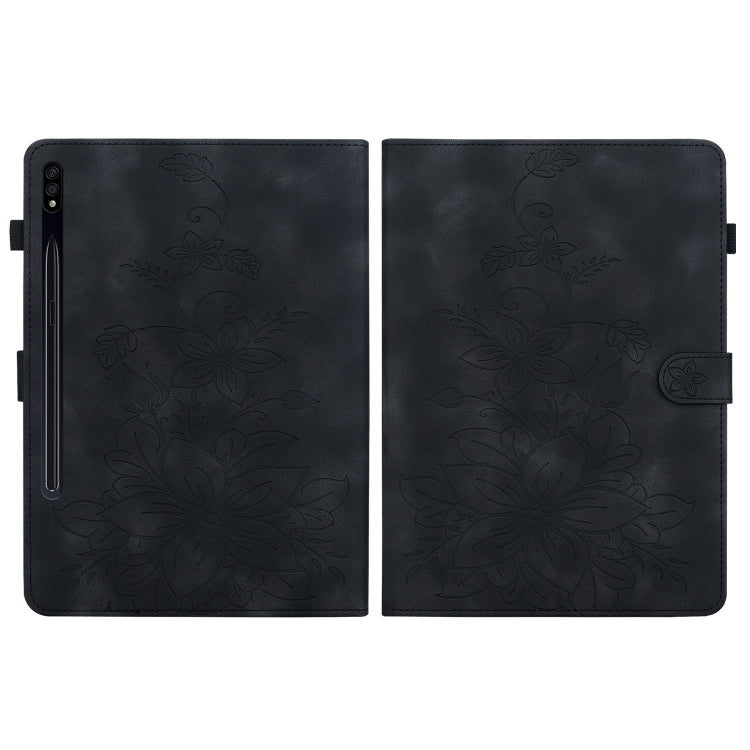 For Samsung Galaxy Tab S7 FE/S8+/S7+ Lily Embossed Leather Tablet Case(Black) by bashfashion