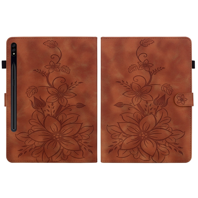 For Samsung Galaxy Tab S7 / S8 Lily Embossed Leather Tablet Case(Brown) by bashfashion
