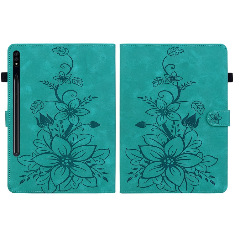 For Samsung Galaxy Tab S7 / S8 Lily Embossed Leather Tablet Case(Green) by bashfashion