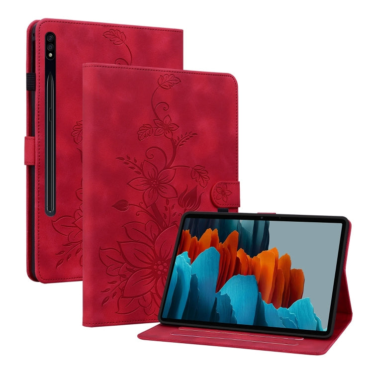 For Samsung Galaxy Tab S7 / S8 Lily Embossed Leather Tablet Case(Red) by bashfashion
