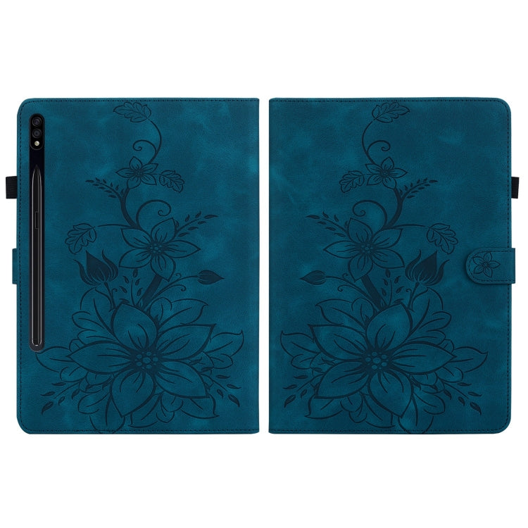 For Samsung Galaxy Tab S7 / S8 Lily Embossed Leather Tablet Case(Dark Blue) by bashfashion