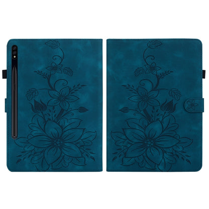 For Samsung Galaxy Tab S7 / S8 Lily Embossed Leather Tablet Case(Dark Blue) by bashfashion