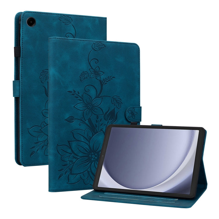 For Samsung Galaxy Tab A11 / A9 Lily Embossed Leather Tablet Case(Dark Blue) by bashfashion