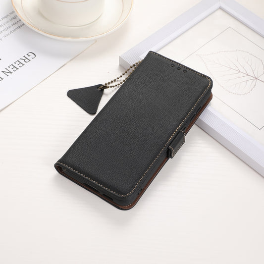 For iPhone 16e Side-Magnetic TJ Genuine Leather RFID Phone Case(Black) by bashfashion