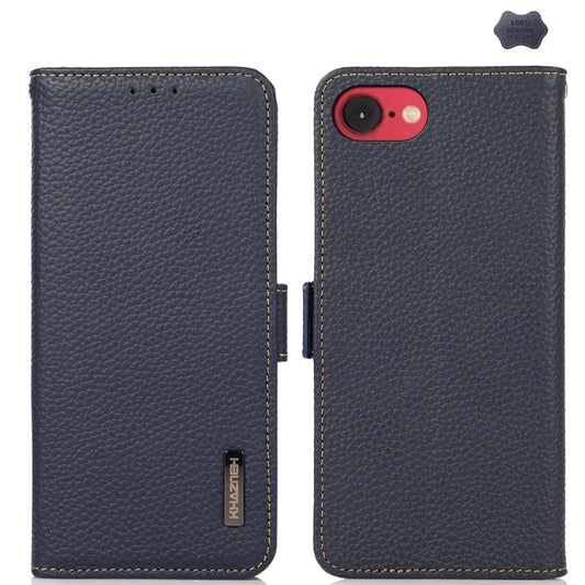For iPhone 16e KHAZNEH Side-Magnetic Litchi Genuine Leather RFID Case(Blue) by bashfashion