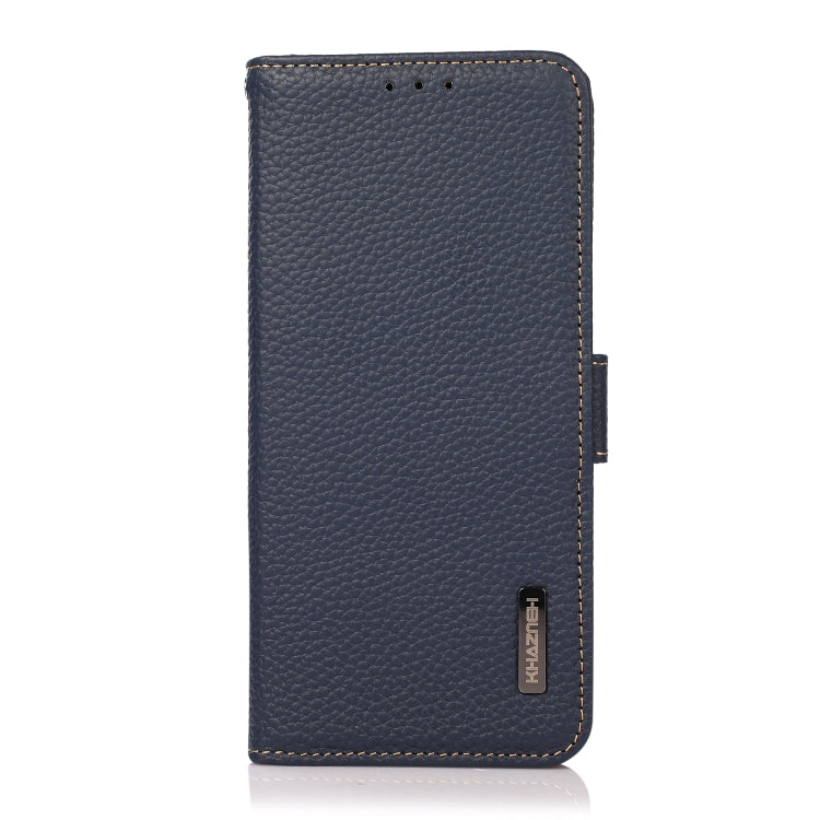 For iPhone 16e KHAZNEH Side-Magnetic Litchi Genuine Leather RFID Case(Blue) by bashfashion
