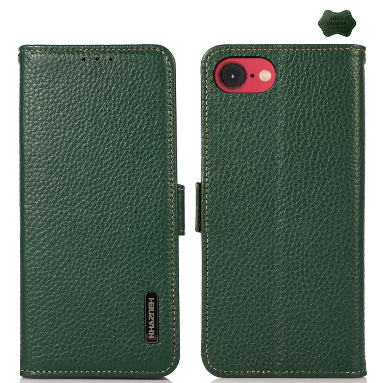 For iPhone 16e KHAZNEH Side-Magnetic Litchi Genuine Leather RFID Case(Green) by bashfashion