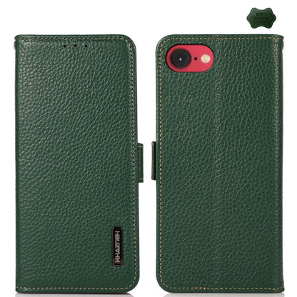 For iPhone 16e KHAZNEH Side-Magnetic Litchi Genuine Leather RFID Case(Green) by bashfashion