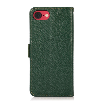 For iPhone 16e KHAZNEH Side-Magnetic Litchi Genuine Leather RFID Case(Green) by bashfashion