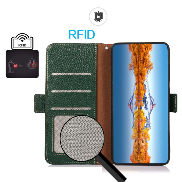 For iPhone 16e KHAZNEH Side-Magnetic Litchi Genuine Leather RFID Case(Green) by bashfashion