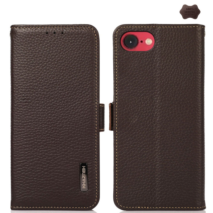 For iPhone 16e KHAZNEH Side-Magnetic Litchi Genuine Leather RFID Case(Brown) by bashfashion