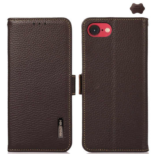 For iPhone 16e KHAZNEH Side-Magnetic Litchi Genuine Leather RFID Case(Brown) by bashfashion