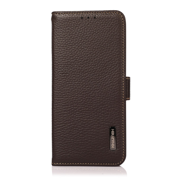 For iPhone 16e KHAZNEH Side-Magnetic Litchi Genuine Leather RFID Case(Brown) by bashfashion