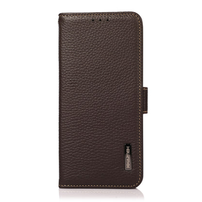 For iPhone 16e KHAZNEH Side-Magnetic Litchi Genuine Leather RFID Case(Brown) by bashfashion