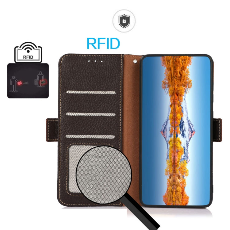 For iPhone 16e KHAZNEH Side-Magnetic Litchi Genuine Leather RFID Case(Brown) by bashfashion