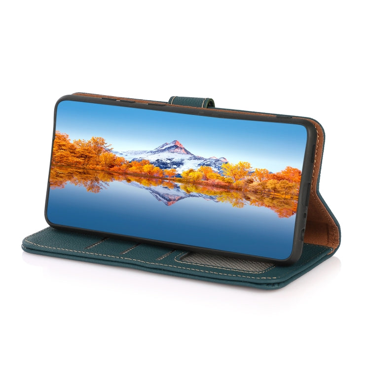 For iPhone 16e KHAZNEH Custer Genuine Leather RFID Phone Case(Green) by bashfashion