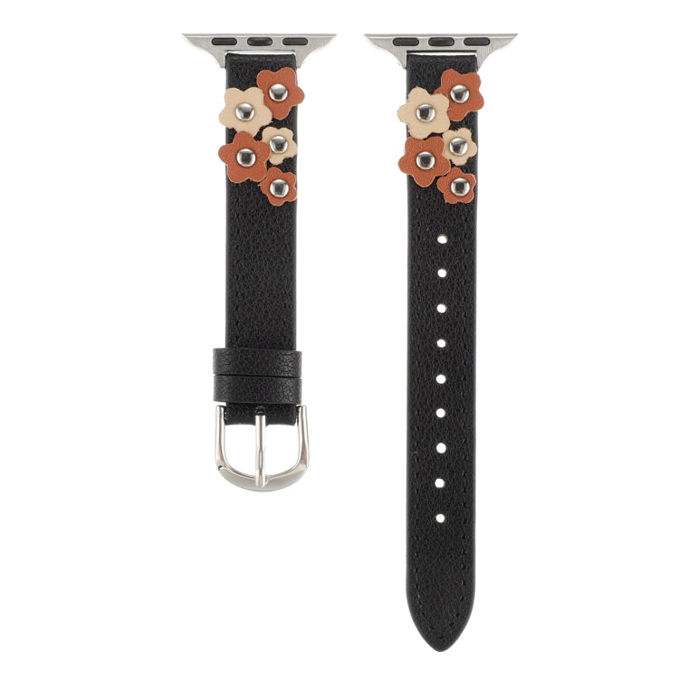 For Apple Watch Series 9 41mm Stitched Flower Leather Watch Band(Black) by bashfashion