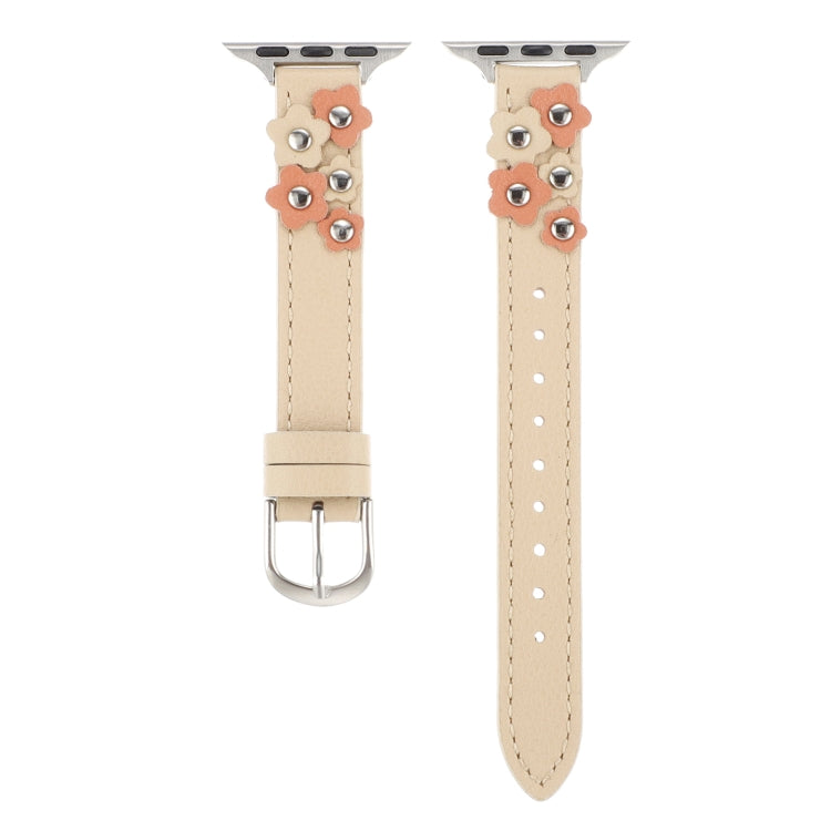 For Apple Watch SE 44mm Stitched Flower Leather Watch Band(Khaki) by bashfashion