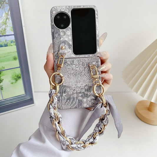 For OPPO Find N3 Flip Embroidery Style DIY Full Coverage Phone Case with Scarf / Bracelet(Grey) by bashfashion
