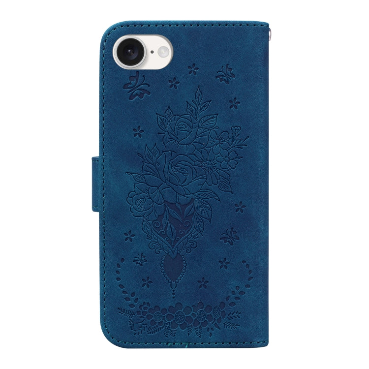 For iPhone 16e Butterfly Rose Embossed Leather Phone Case(Blue) by bashfashion