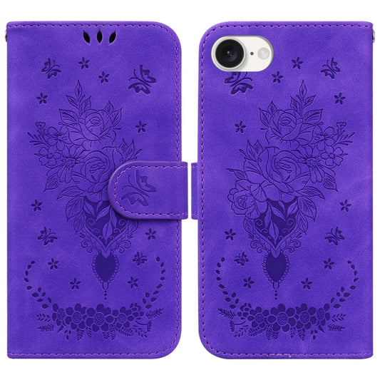 For iPhone 16e Butterfly Rose Embossed Leather Phone Case(Purple) by bashfashion