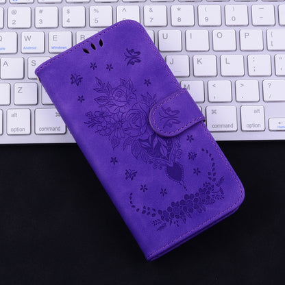 For iPhone 16e Butterfly Rose Embossed Leather Phone Case(Purple) by bashfashion