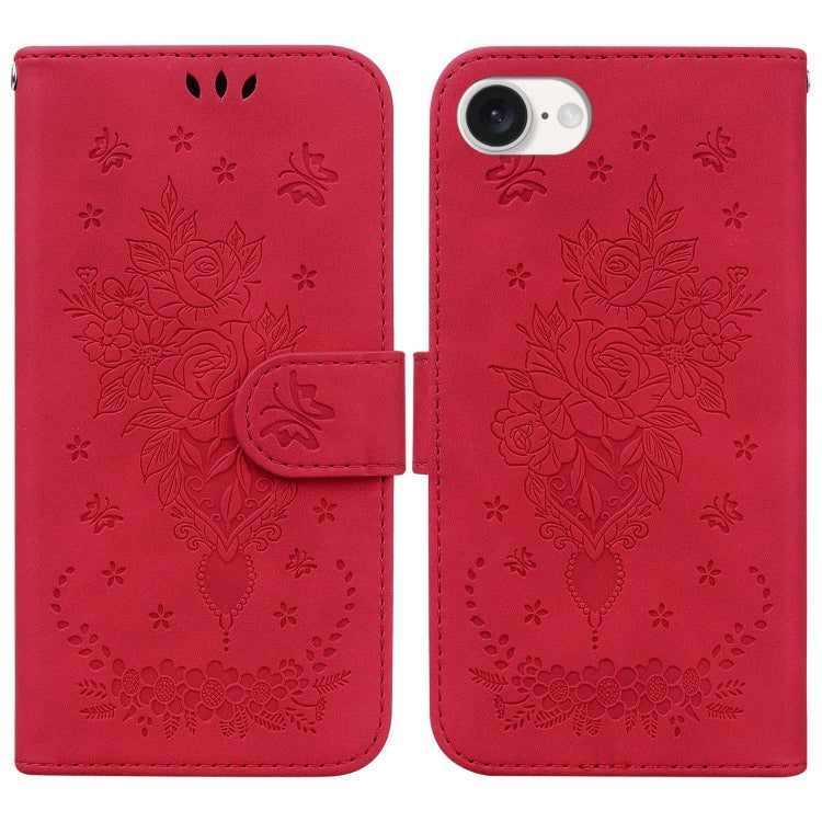 For iPhone 16e Butterfly Rose Embossed Leather Phone Case(Red) by bashfashion