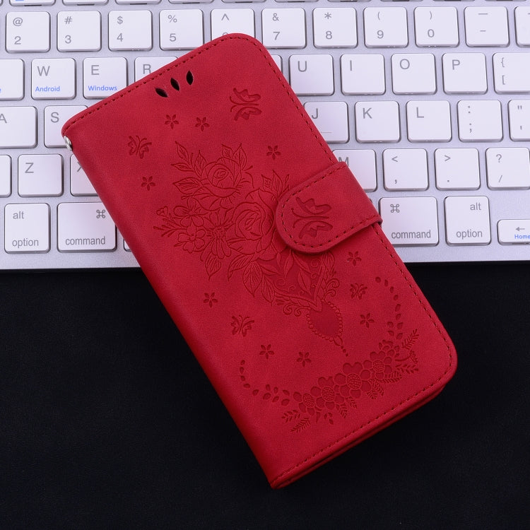 For iPhone 16e Butterfly Rose Embossed Leather Phone Case(Red) by bashfashion