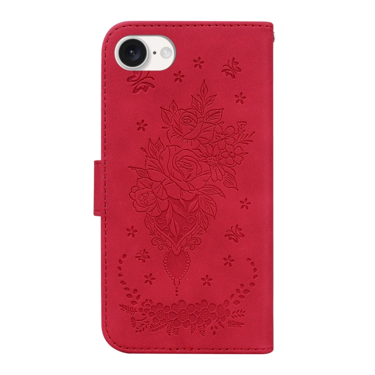 For iPhone 16e Butterfly Rose Embossed Leather Phone Case(Red) by bashfashion