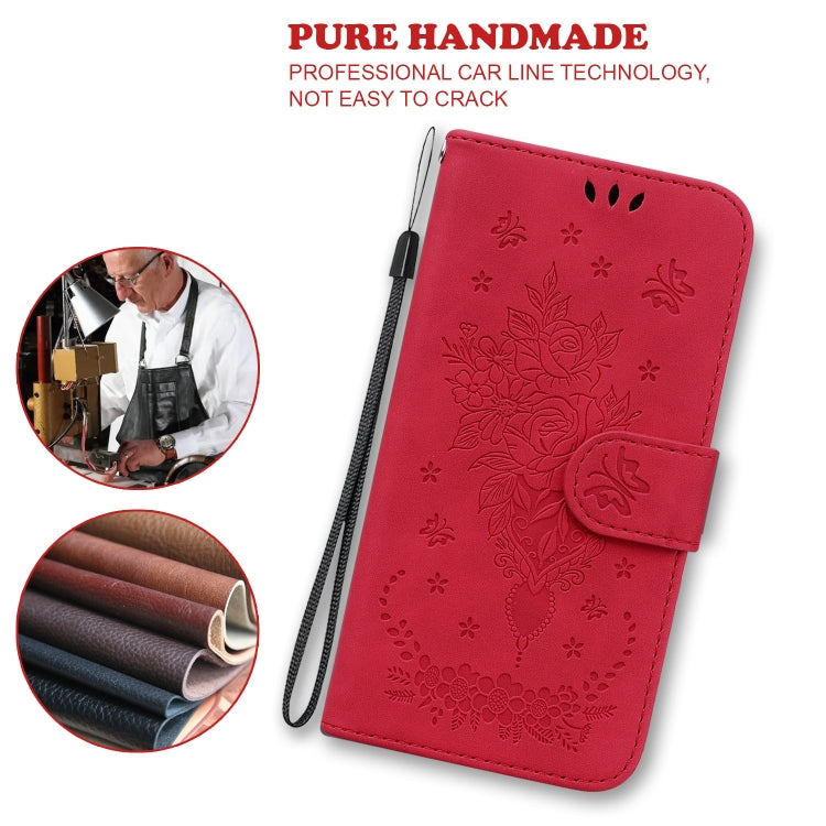 For iPhone 16e Butterfly Rose Embossed Leather Phone Case(Red) by bashfashion