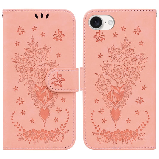 For iPhone 16e Butterfly Rose Embossed Leather Phone Case(Pink) by bashfashion