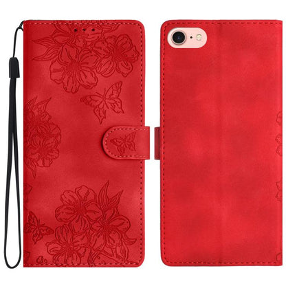For iPhone 16e Cherry Blossom Butterfly Skin Feel Embossed PU Phone Case(Red) by bashfashion