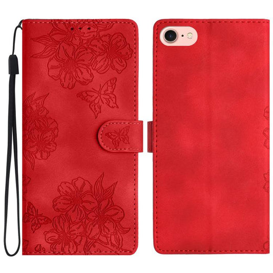 For iPhone 16e Cherry Blossom Butterfly Skin Feel Embossed PU Phone Case(Red) by bashfashion